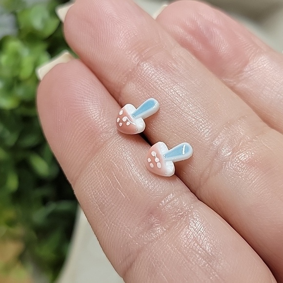 Tiny Ceramic Mushroom Stud Earrings, pink - Picture 4 of 6